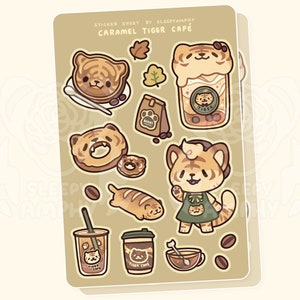 Caramel Tiger Cafe Sticker Sheet | Matte Vinyl Kawaii Cute Aesthetic Animal Waterproof Planner Journal Laptop