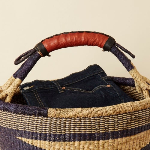 Offers Ghana Extra Large Hand Woven Bold Navy Leather Pot Basket