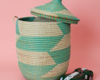 Senegal Large Hand Woven Grass Turquoise Herringbone Basket with Hooded Lid