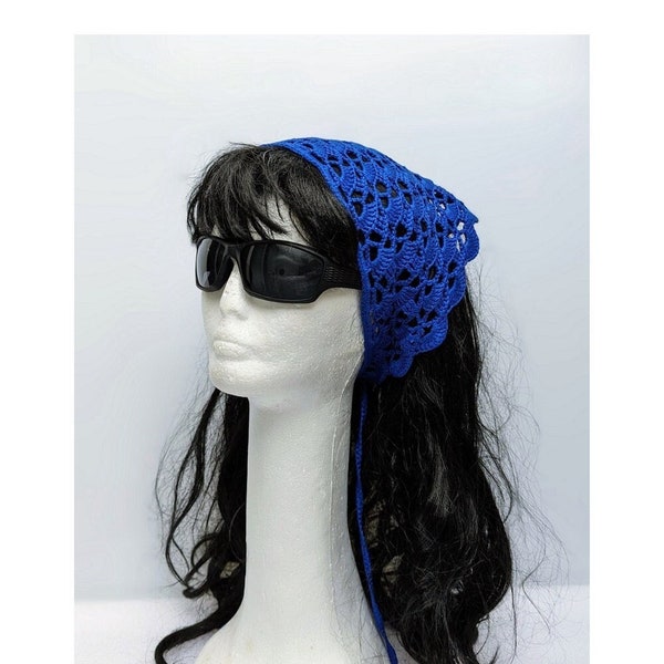 Bandana au crochet pour fille, bandeau triangulaire en dentelle de coton de couleur bleu roi