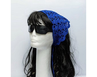 Crochet Bandana for Girls, Cotton Lace Triangle Headband in Royal Blue Color