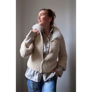White Hand Knitted Cardigan, Woman Bomber, Pure Wool Jacket, Crochet Winter Top, Fluffy Collar Cardigan