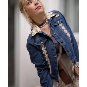 Upcycled Denim Jacket, Bohemian Lace Decorated Top, Boho Jacket with White Crochet Details