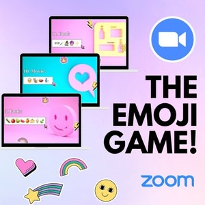 May include: A promotional image for "The Emoji Game" on Zoom, featuring three laptops displaying emoji-themed content. The image includes a Zoom logo, emoji stickers, and the game's title in bold text. The background has a gradient of pink and purple.
