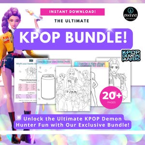 Puede incluir: Un paquete KPOP digital con el texto "KPOP BUNDLE!" y "INSTANT DOWNLOAD!" sobre un fondo blanco. El paquete incluye páginas para colorear y actividades. La imagen presenta un personaje de dibujos animados y el texto "K-POP DEMON HUNTERS".