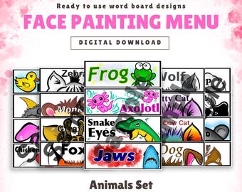 Animal Face Painting Word Board: Party Menu Designs (Digital Download)