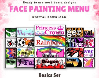 Basic Face Painting Word Board, Printable Sign, Boys and Girls Design Menu, Digital Download for Parties, Fairs & Events