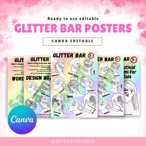 Peut inclure: Plusieurs affiches "Glitter Bar Posters" avec des illustrations de maquillages pailletés. Les affiches indiquent "Ready to use editable" et "Canva Editable". Les designs incluent "Sunburst", "Crescent" et "Gems".