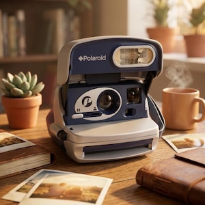 Puede incluir: Una cámara instantánea Polaroid de color azul marino y gris claro con flash integrado, lente circular y un logotipo blanco en la parte frontal. La cámara tiene un cuerpo rectangular con una sección superior plegable y un botón disparador frontal.