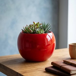Op de afbeelding: Een glanzende, rode keramische plantenpot, rond van vorm, gevuld met diverse vetplanten. De pot staat op een houten tafel, met notitieboekjes en een pen in de buurt. De vetplanten hebben groene en rode bladeren.