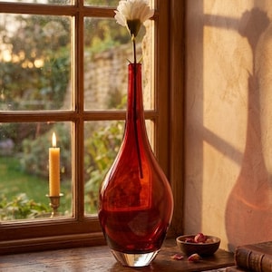 Può includere: Un alto vaso in vetro rosso a forma di goccia con un collo stretto e una base spessa e trasparente. Un singolo garofano bianco è posizionato all'interno del vaso. Il vetro è traslucido, permettendo alla luce di passare attraverso.