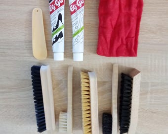 Vintage 9-delige schoenpoetsset, ongebruikt | Echte houten borstels, Eg-Gü speciale crème met bijenwas & etui met ritssluiting, voor verzamelaars