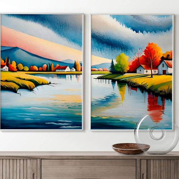 Lot de 2 tableaux avec cadres 33 x 43 cm coucher de soleil montagnes