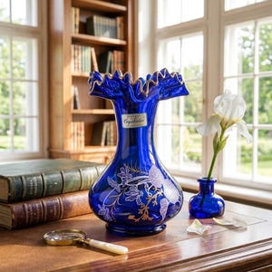 Op de afbeelding: Een kobaltblauwe glazen vaas met een gegolfde rand en een goudkleurig bloemmotief. Een rechthoekig label op de hals bevat de tekst "BOHEMIA Crystalite". De vaas heeft een bolvormige basis en een smalle hals, naast een kleine blauwe glazen vaas.