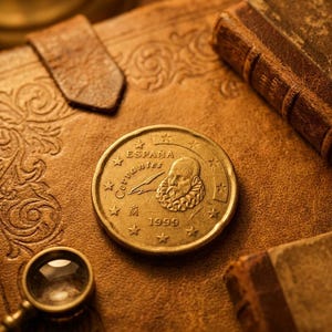 Puede incluir: Una moneda española de color dorado de 1999 que presenta un retrato de Miguel de Cervantes, el texto ESPAÑA y la palabra Cervantes en letra cursiva. La moneda muestra una serie de estrellas alrededor del borde y una pequeña corona abajo.