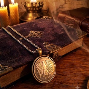 Può includere: Un ciondolo circolare color ottone con un emblema di aquila in rilievo e l'anno 1985, sospeso a una catena a corda ritorta color argento. Il ciondolo poggia su un libro rivestito in velluto viola scuro con angoli in metallo decorati.