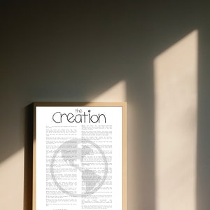 Puede incluir: Una impresión enmarcada del libro de Génesis, capítulo 1, versículos 1-2:4. El texto está en blanco y negro y el título "The Creation" está en una fuente grande y en negrita.