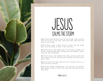 Jesus Calms the Storm | Parable | Teachings of Jesus Christ | Walks on Water | Home Wall Decor | Christian Bible Print | Farmhouse Aesthetic