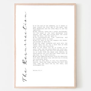 May include: A framed print with the text "The Resurrection" in elegant script. The print features a passage from Matthew 28:1-9, presented in a classic, easy-to-read font, set against a clean white background. The frame is a light wood color.