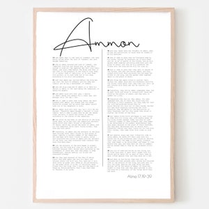 Op de afbeelding: Een ingelijste print met een witte achtergrond en zwarte tekst. Het woord "Ammon" is in een cursief lettertype bovenaan geschreven. De tekst hieronder is een passage uit Alma 17:19-39.