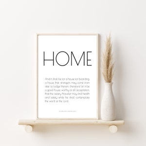 May include: Black and white printable wall art with the word "HOME" in large letters at the top. The text below reads "And it shall be for a house for boarding a house that strangers may come from afar to lodge therein: therefore let it be a good house, worthy of all acceptation. that the weary traveller may find health and safety while he shall contemplate the word of the Lord." The text at the bottom reads "Doctrine and Covenants 132:20".