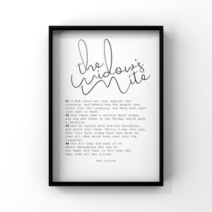 May include: Black and white printable wall art featuring a Bible verse about the widow's mite. The text reads "the widow's mite" in a decorative script font and includes the scripture Mark 12:41-44.