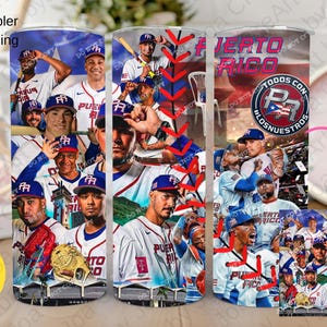 Op de afbeelding: Een slanke beker met een ontwerp met Puerto Ricaanse honkbalspelers. Het ontwerp bevat de vlag van Puerto Rico, honkbalsteken en de woorden "Puerto Rico" en "Todos Con Los Nuestros."