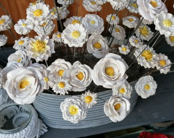White ceramic flowers, flower mix with 3 roses and 5 other flowers in a set