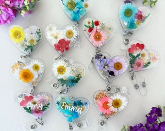Real Flower Heart Badge Reel for Nurse Gift  Custom Name Badge Reel for Teacher Therapist Gift Resin Flower Badge Reel Gift for Nurse