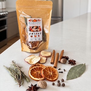 May include: A brown stand-up pouch labeled Harvest Simmer Pot containing dried ingredients. Arranged in front are dried orange slices, apple slices, cinnamon sticks, star anise, whole nutmeg, cloves, allspice berries, and a bay leaf.
