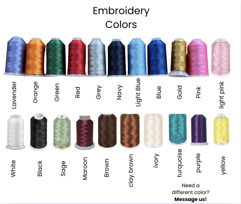 May include: An image showcasing a variety of embroidery thread colors. The image is labeled "Embroidery Colors" and displays spools of thread in shades like lavender, orange, green, red, grey, navy, light blue, blue, gold, pink, and light pink. Additional colors include white, black, sage, maroon, brown, clay brown, ivory, turquoise, purple, and yellow.