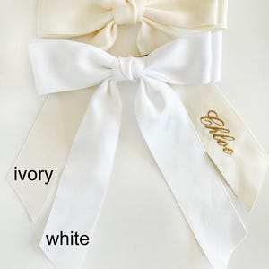 Ivory Personalized flower girl bow for bridesmaid Embroidered Satin Bow with Clip Custom Name Cheer wedding bow white ivory cream bride bow image 2