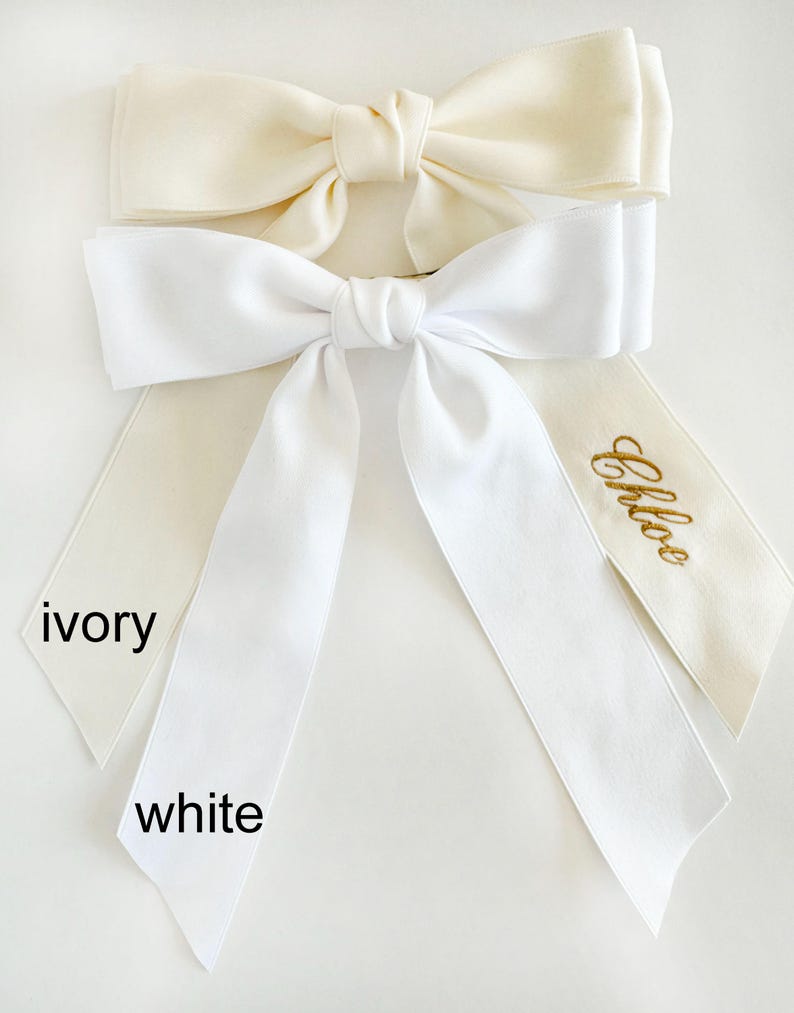 Ivory Personalized flower girl bow for bridesmaid Embroidered Satin Bow with Clip Custom Name Cheer wedding bow white ivory cream bride bow image 2