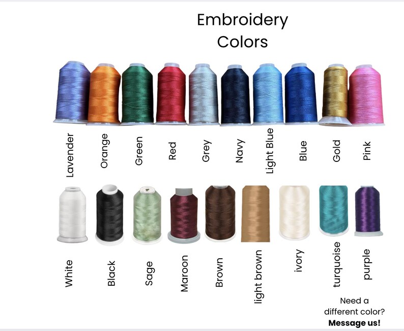 May include: A color chart of embroidery thread spools in various colors, including lavender, orange, green, red, grey, navy, light blue, blue, gold, and pink. Additional colors include white, black, sage, maroon, brown, light brown, ivory, turquoise, and purple.