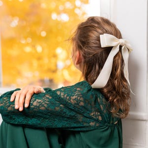 Ivory Personalized flower girl bow for bridesmaid Embroidered Satin Bow with Clip Custom Name Cheer wedding bow white ivory cream bride bow image 9