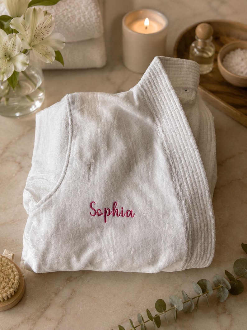 Puede incluir: Una bata de ba&ntilde;o de felpa blanca con un cuello acanalado texturizado y el nombre Sophia bordado en cursiva rosa en la parte delantera izquierda. La bata est&aacute; hecha de una tela suave y absorbente con un cierre frontal plegado y una etiqueta.