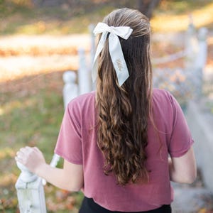 Ivory Personalized flower girl bow for bridesmaid Embroidered Satin Bow with Clip Custom Name Cheer wedding bow white ivory cream bride bow image 5