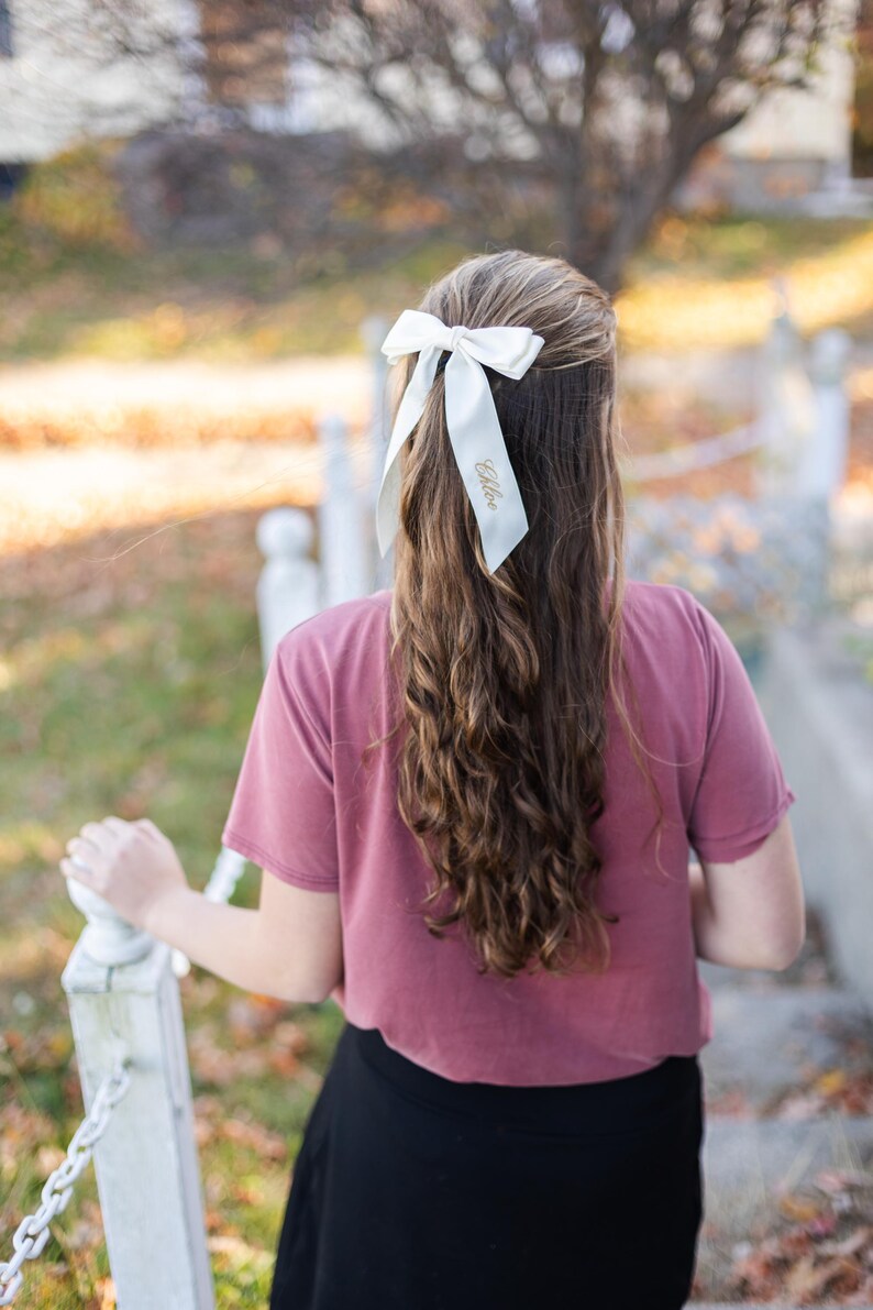 Ivory Personalized flower girl bow for bridesmaid Embroidered Satin Bow with Clip Custom Name Cheer wedding bow white ivory cream bride bow image 5