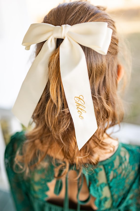 Ivory Personalized flower girl bow for bridesmaid Embroidered Satin Bow with Clip Custom Name Cheer  wedding bow white ivory cream bride bow