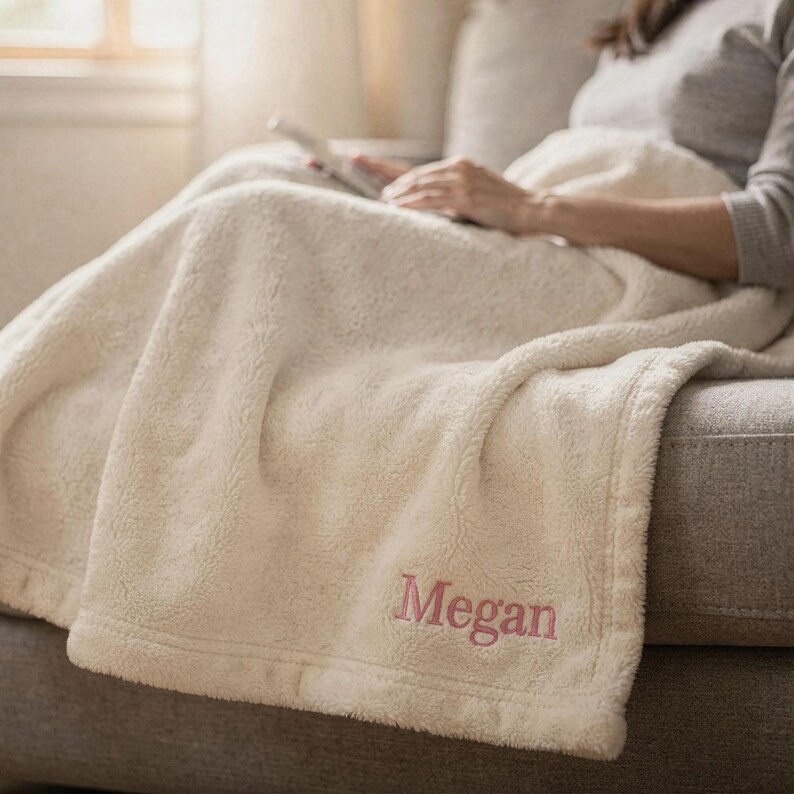 May include: Cream-colored, plush blanket with the name "Megan" embroidered in pink. The blanket is draped over a gray sofa. The soft, textured fabric suggests warmth and comfort. The blanket is a cozy home decor item.