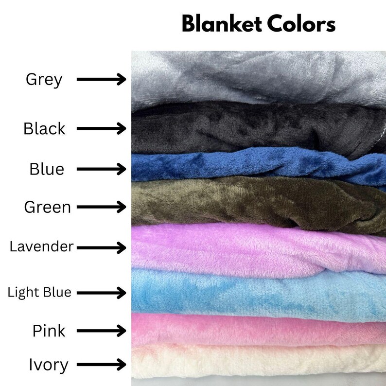 May include: A stack of plush blankets in various colors, including grey, black, blue, green, lavender, light blue, pink, and ivory. The text "Blanket Colors" is at the top of the image.