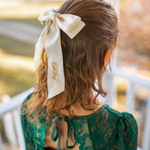 Ivory Personalized flower girl bow for bridesmaid Embroidered Satin Bow with Clip Custom Name Cheer wedding bow white ivory cream bride bow image 7