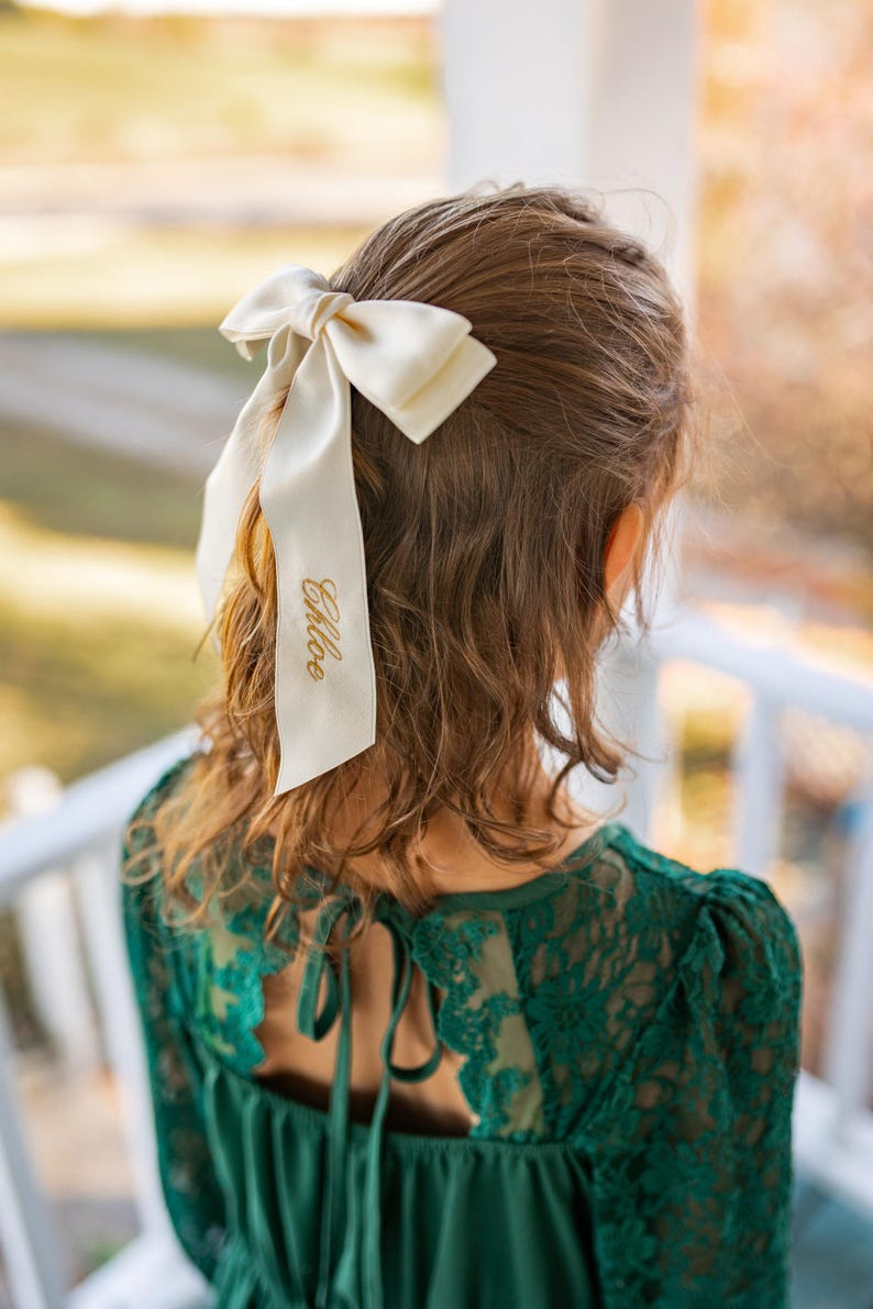 Ivory Personalized flower girl bow for bridesmaid Embroidered Satin Bow with Clip Custom Name Cheer wedding bow white ivory cream bride bow image 7