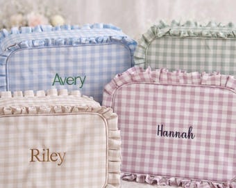 Neceser personalizado con volantes, neceser de cuadros vichy, neceser de maquillaje con volantes y nombre personalizado, regalo para damas de honor, neceseres para bebés.