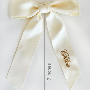 Ivory Personalized flower girl bow for bridesmaid Embroidered Satin Bow with Clip Custom Name Cheer wedding bow white ivory cream bride bow image 3