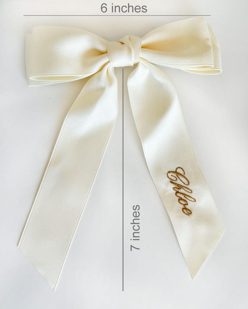 Ivory Personalized flower girl bow for bridesmaid Embroidered Satin Bow with Clip Custom Name Cheer wedding bow white ivory cream bride bow image 3