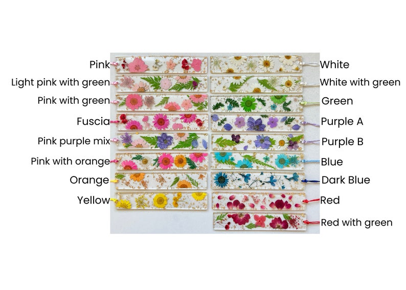 Op de afbeelding: Een set van 14 geperste bloemen-bladwijzers met verschillende kleurcombinaties, waaronder roze, paars, blauw, groen, wit, geel en rood. Elke bladwijzer heeft een unieke opstelling van gedroogde bloemen en gouden bladaccenten.