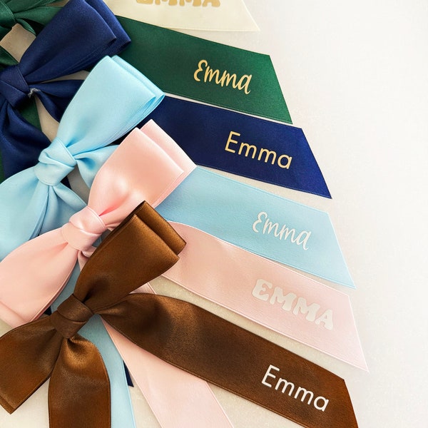 Personalized Double Satin Bow with Clip Custom Name Cheer Bow Long Tail bow hair clip Party favor for girl wedding bow fancy bow flower girl