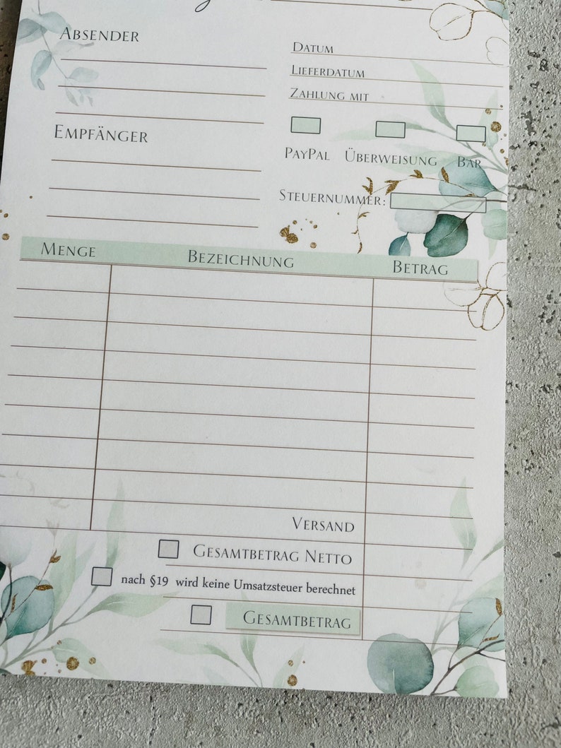 A5 invoice pad with carbon copy in eucalyptus gold design image 5