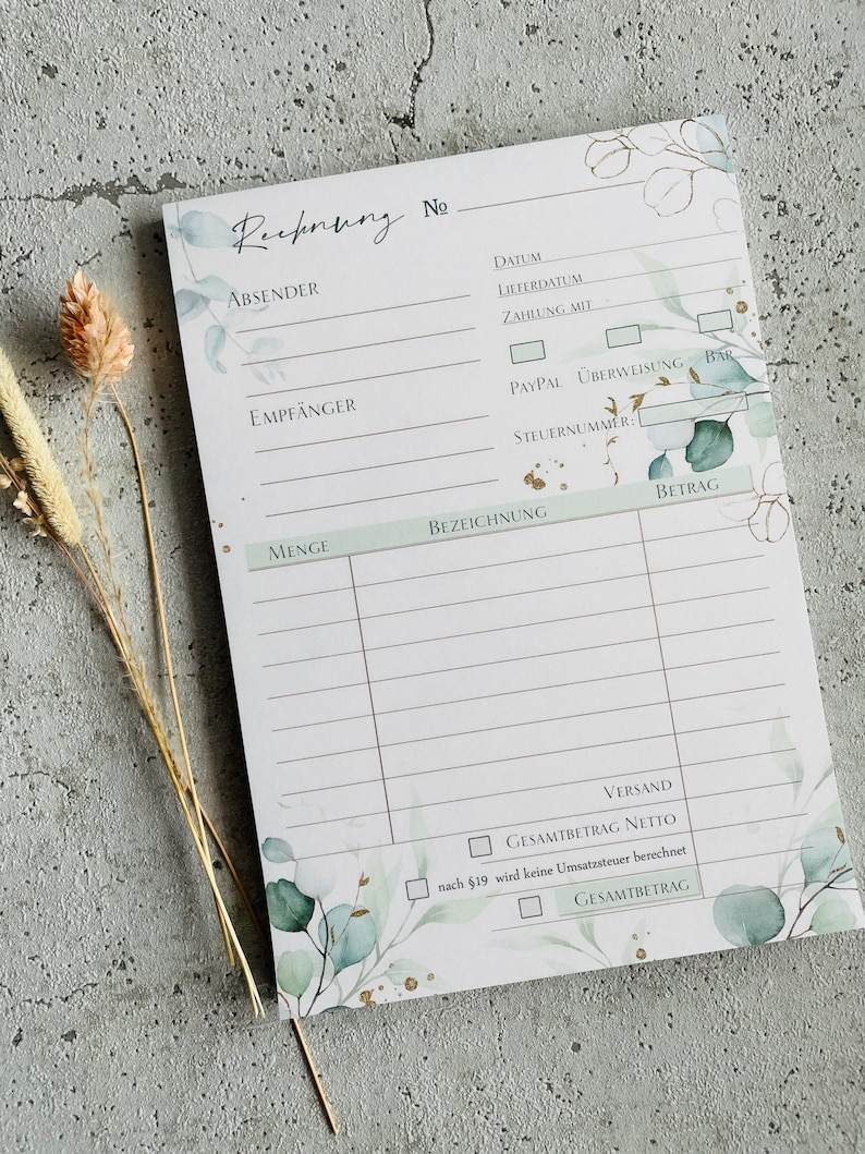 A5 invoice pad with carbon copy in eucalyptus gold design image 6